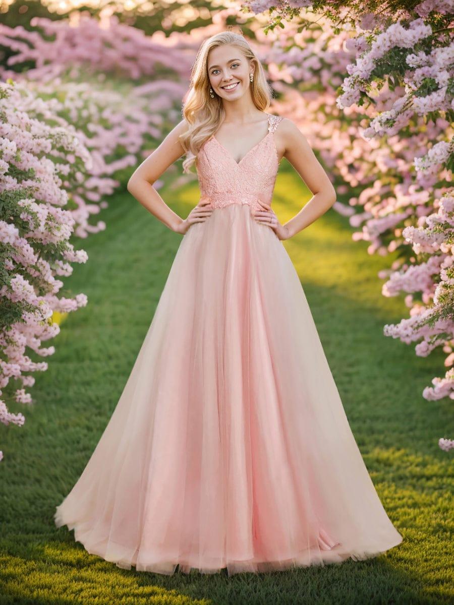 Double V Neck Lace Bodice Floor Length Tulle Wedding Dress - Image 15