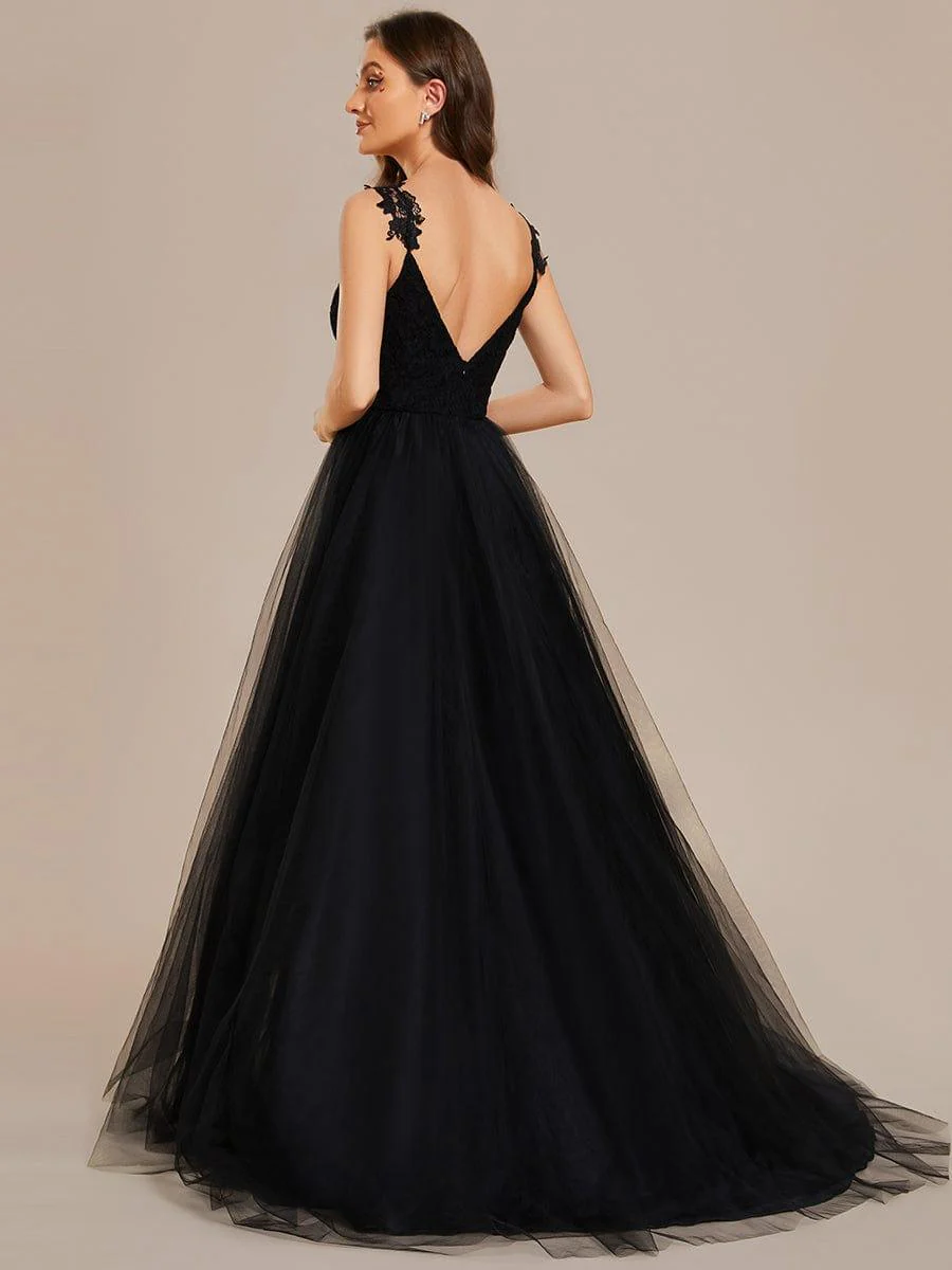 Double V Neck Lace Bodice Floor Length Tulle Wedding Dress - Image 17