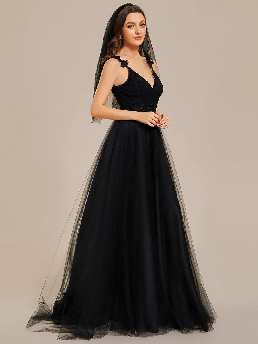 Double V Neck Lace Bodice Floor Length Tulle Wedding Dress - Image 20
