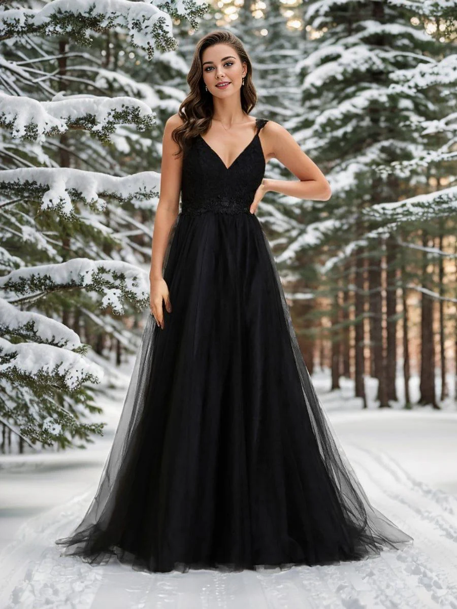 Double V Neck Lace Bodice Floor Length Tulle Wedding Dress - Image 21