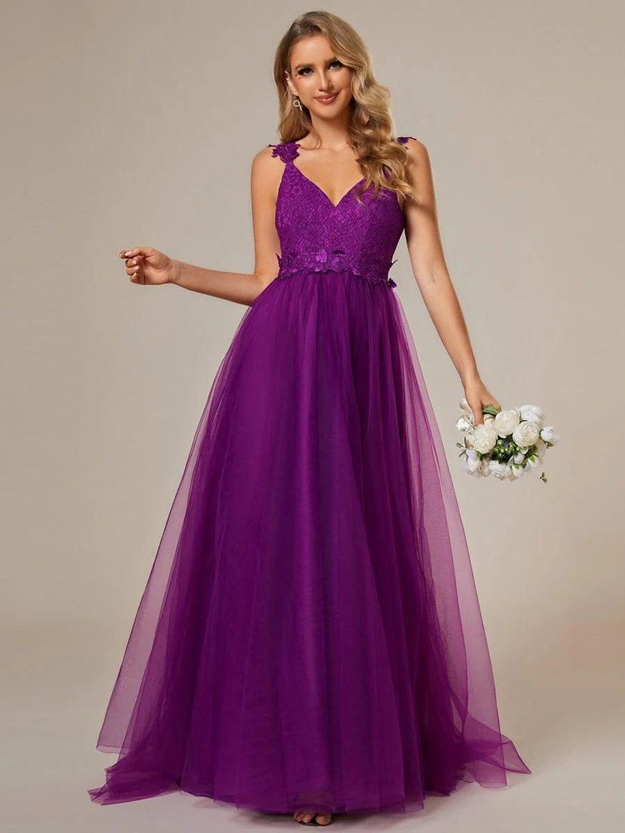 Double V Neck Lace Bodice Floor Length Tulle Wedding Dress - Image 22