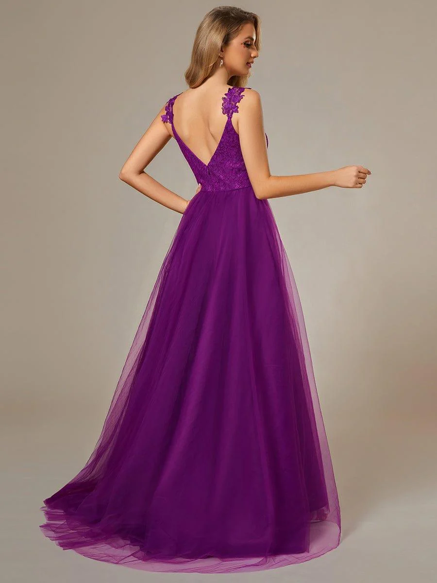 Double V Neck Lace Bodice Floor Length Tulle Wedding Dress - Image 23