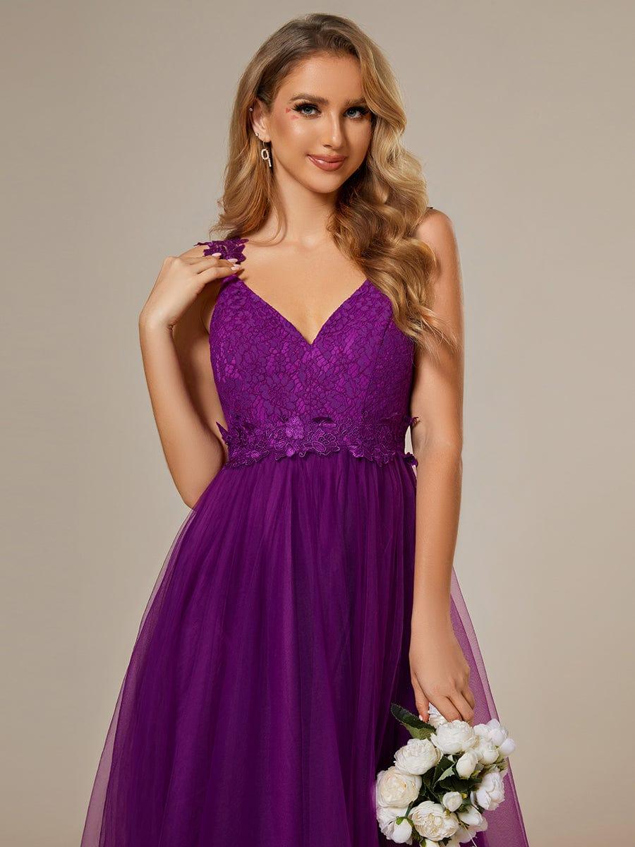 Double V Neck Lace Bodice Floor Length Tulle Wedding Dress - Image 24
