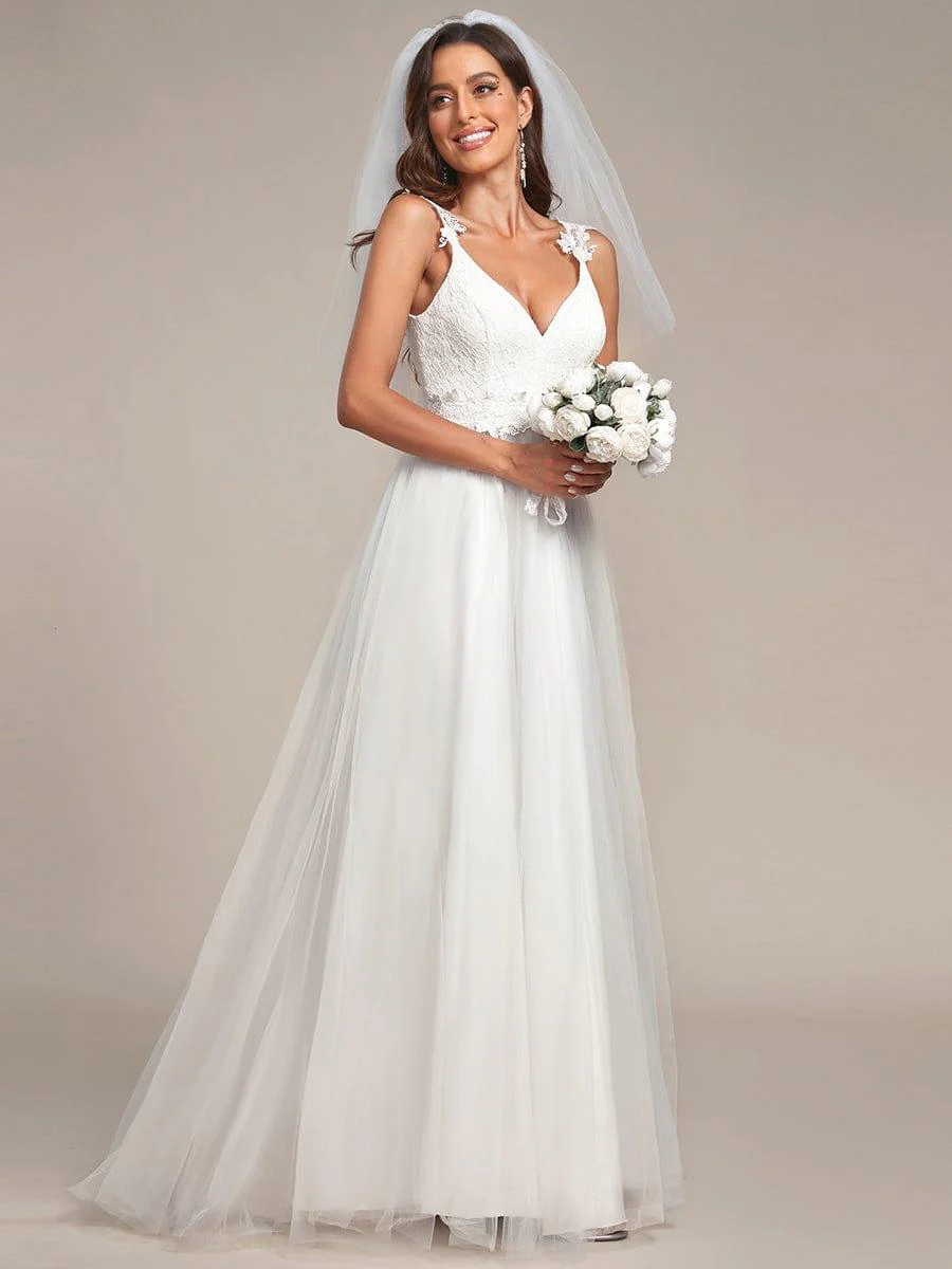 Double V Neck Lace Bodice Floor Length Tulle Wedding Dress - Image 4