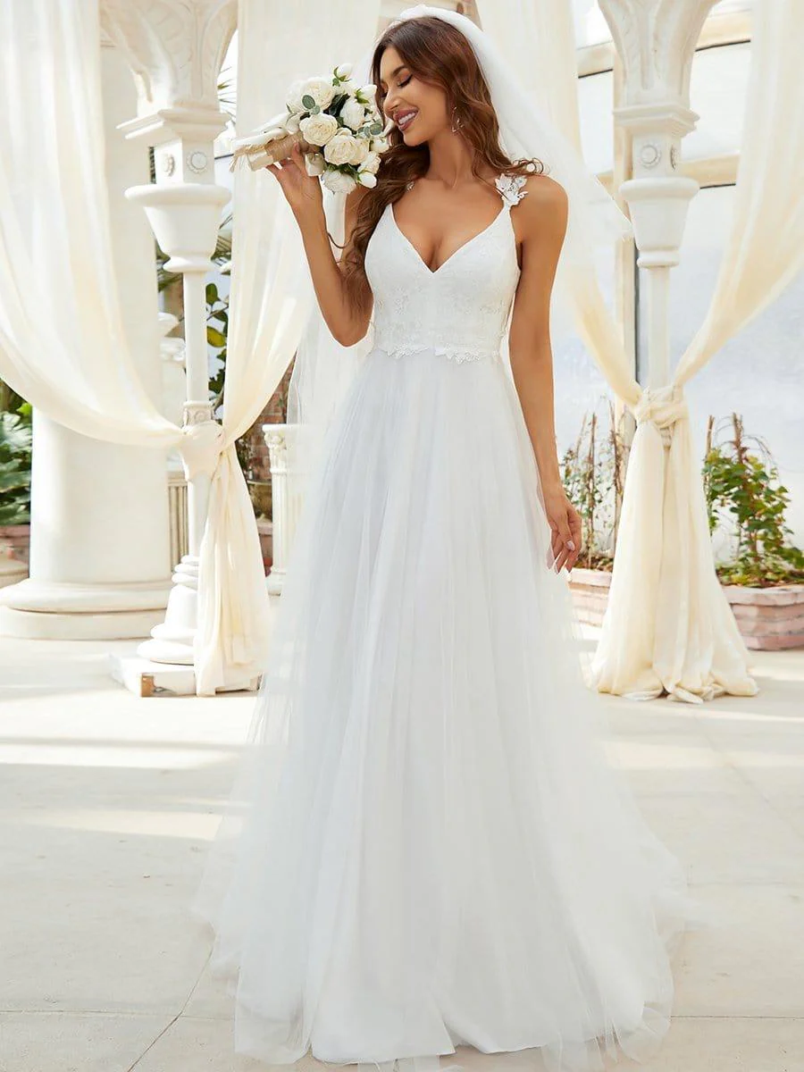 Double V Neck Lace Bodice Floor Length Tulle Wedding Dress - Image 5