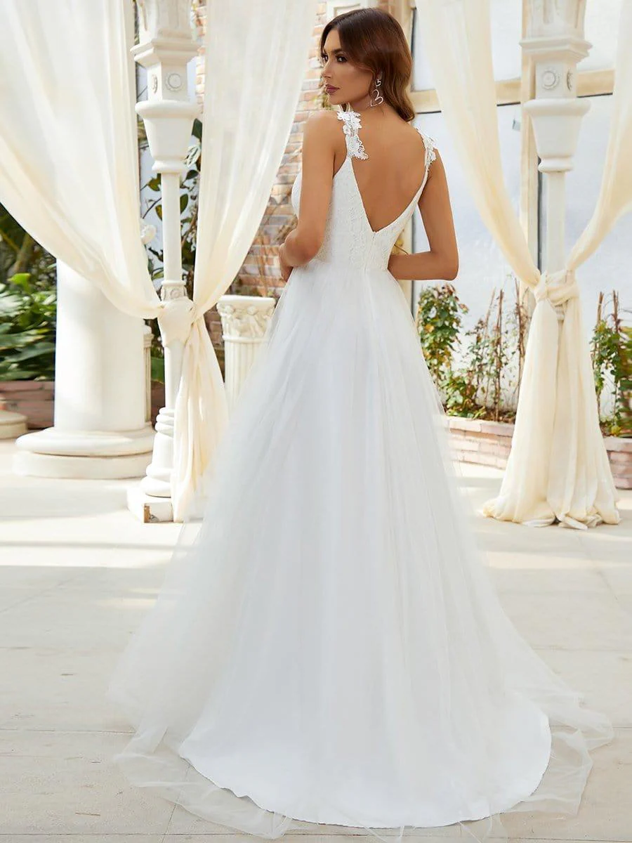 Double V Neck Lace Bodice Floor Length Tulle Wedding Dress - Image 6