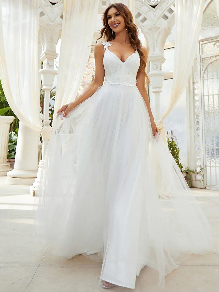 Double V Neck Lace Bodice Floor Length Tulle Wedding Dress - Image 7