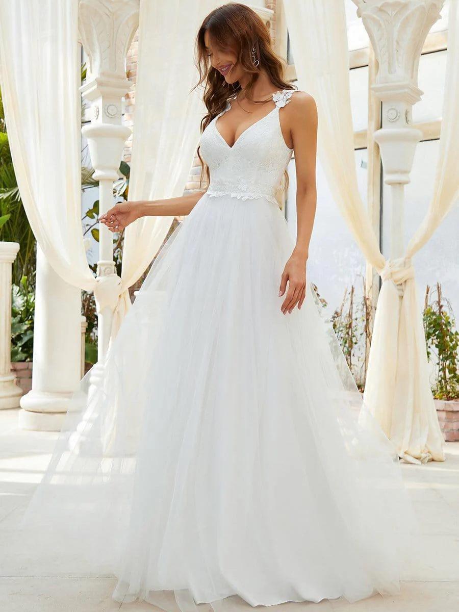 Double V Neck Lace Bodice Floor Length Tulle Wedding Dress - Image 8