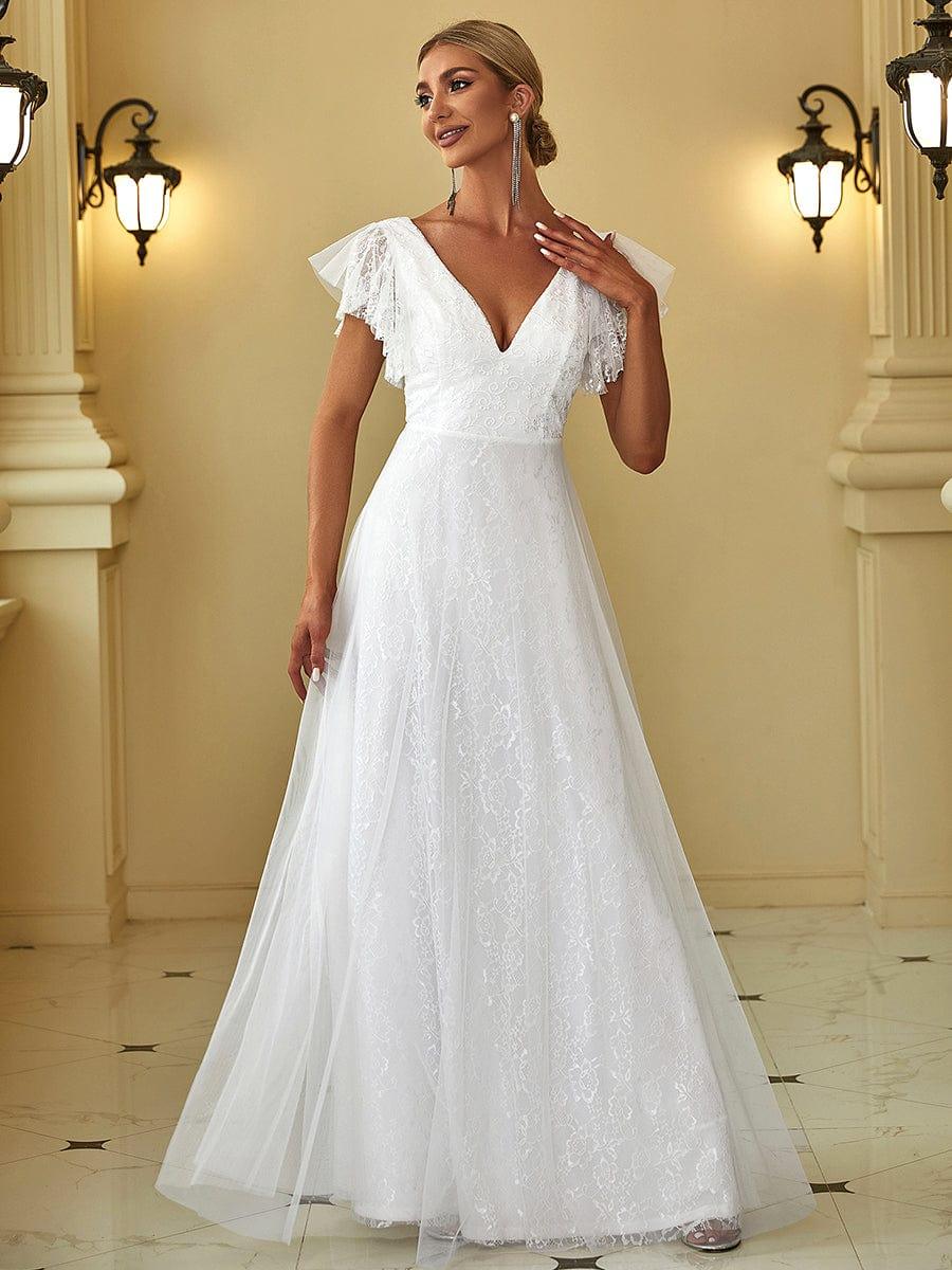Double V Neck Maxi Lace Evening Dresses with Ruffle Sleeves - Image 12