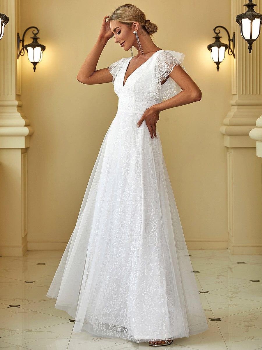 Double V Neck Maxi Lace Evening Dresses with Ruffle Sleeves - Image 13