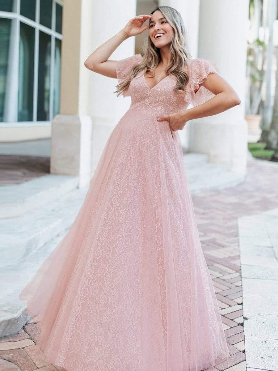 Double V Neck Maxi Lace Evening Dresses with Ruffle Sleeves - Image 22
