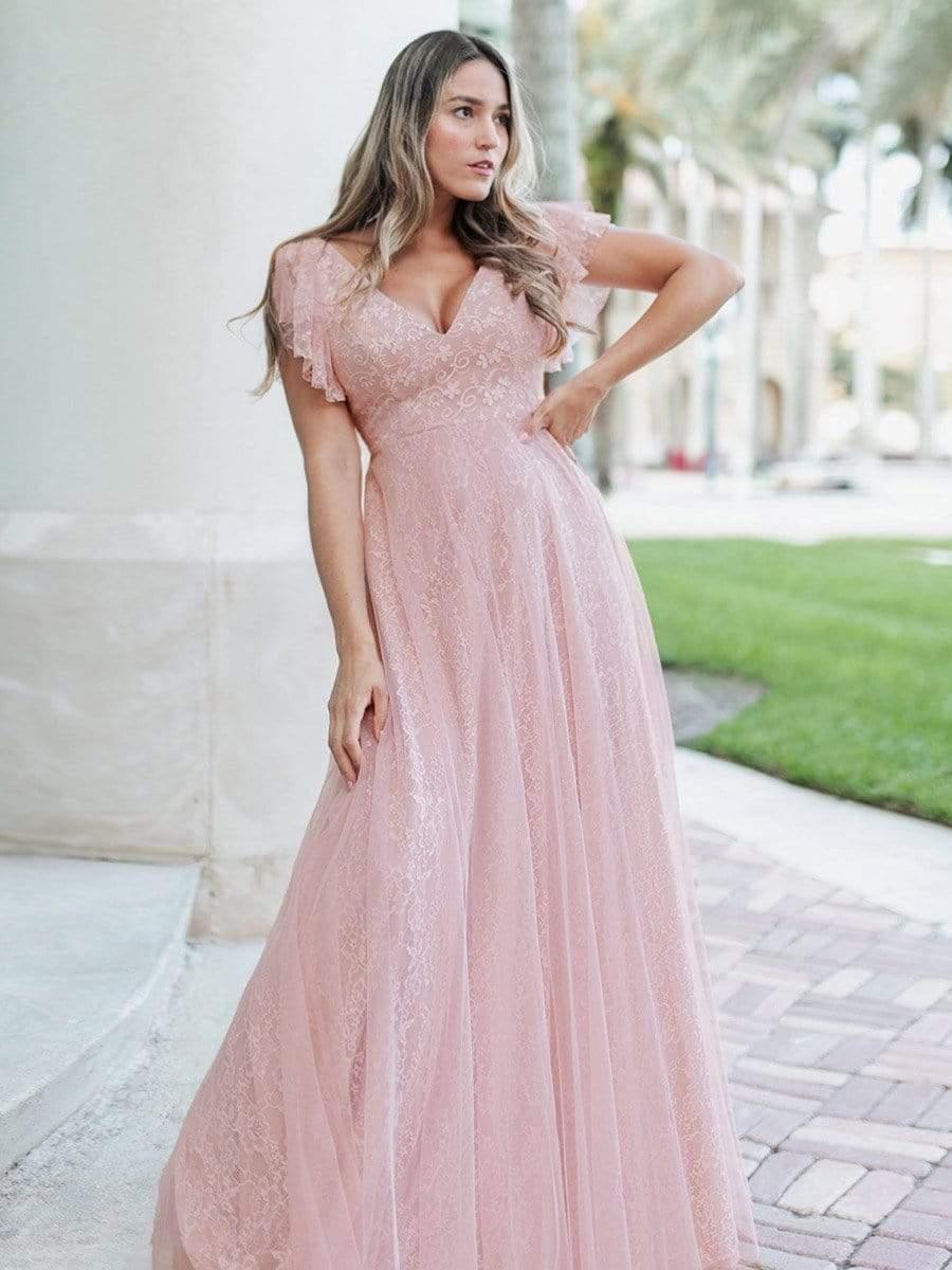 Double V Neck Maxi Lace Evening Dresses with Ruffle Sleeves - Image 23