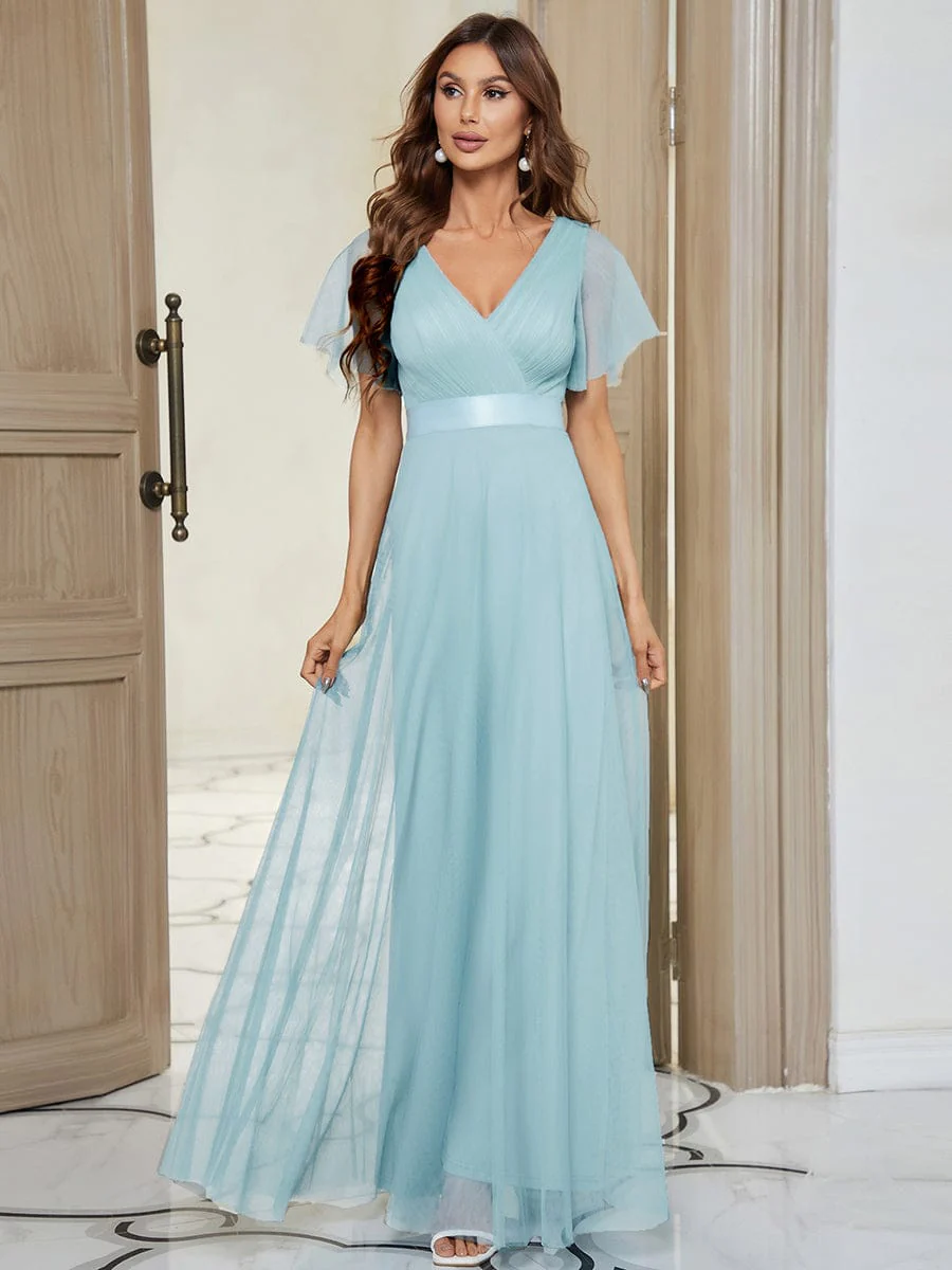 ever MISTE|Double V-Neck Tulle Floor-Length Bridesmaid Dress - Image 107