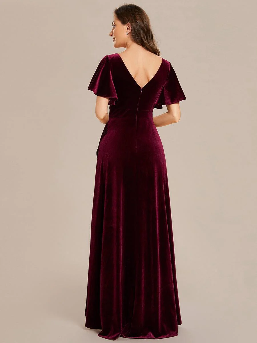 ever SYLVA|Elegant Double V-Neck Short Sleeves Velvet Bridesmaid Dress - Image 2