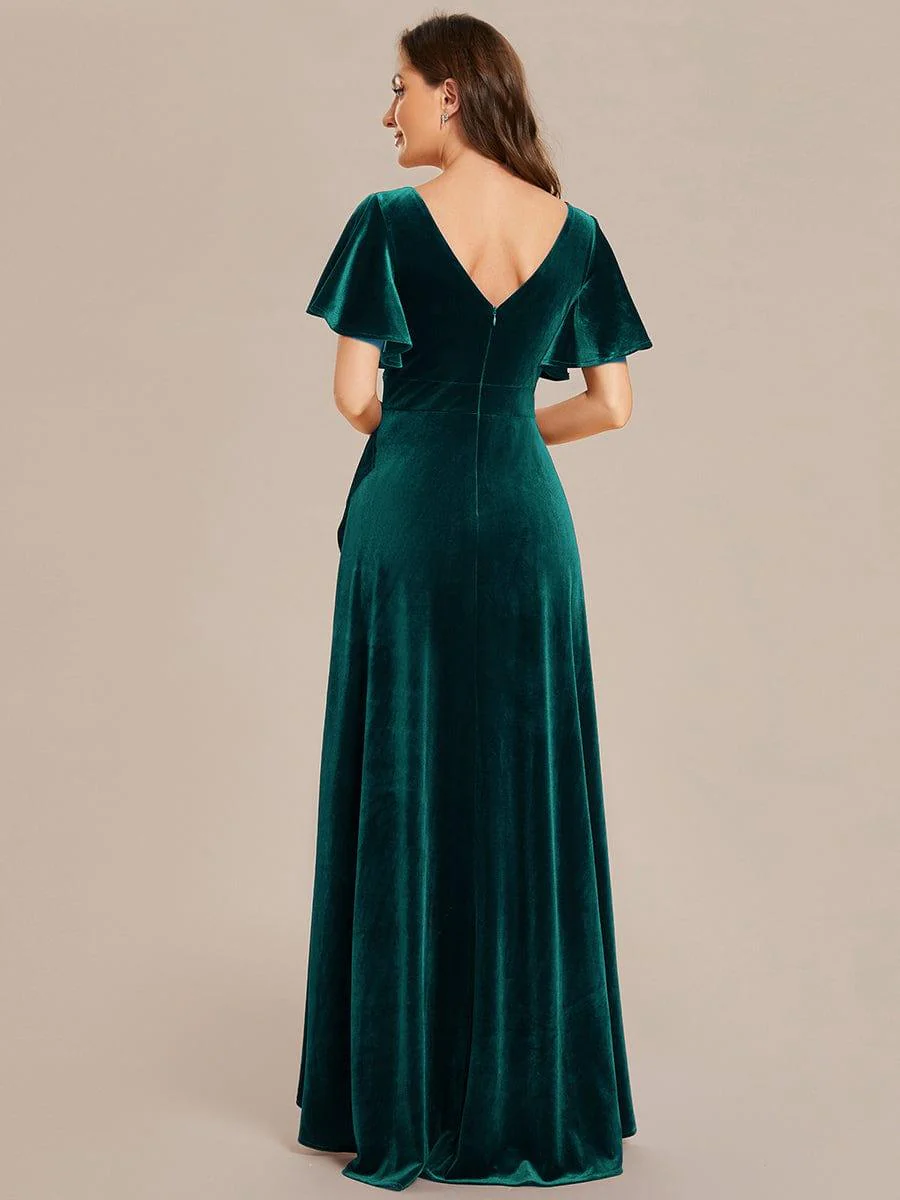 ever SYLVA|Elegant Double V-Neck Short Sleeves Velvet Bridesmaid Dress - Image 22