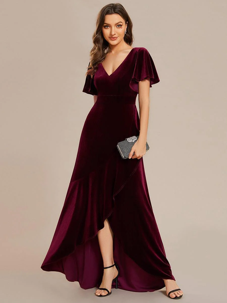 ever SYLVA|Elegant Double V-Neck Short Sleeves Velvet Bridesmaid Dress - Image 4