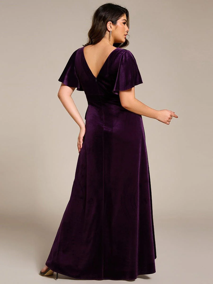 ever SYLVA|Elegant Double V-Neck Short Sleeves Velvet Bridesmaid Dress - Image 45