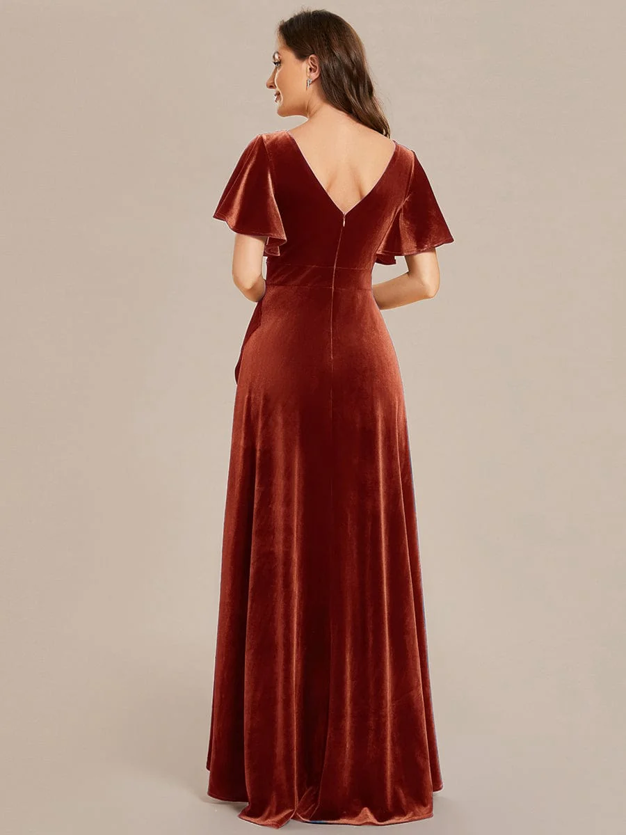 ever SYLVA|Elegant Double V-Neck Short Sleeves Velvet Evening Dress - Image 50
