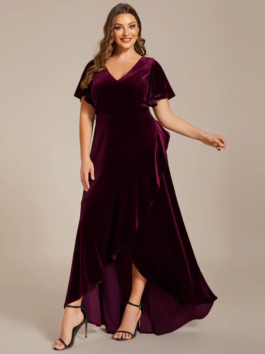 ever SYLVA|Elegant Double V-Neck Short Sleeves Velvet Bridesmaid Dress - Image 9