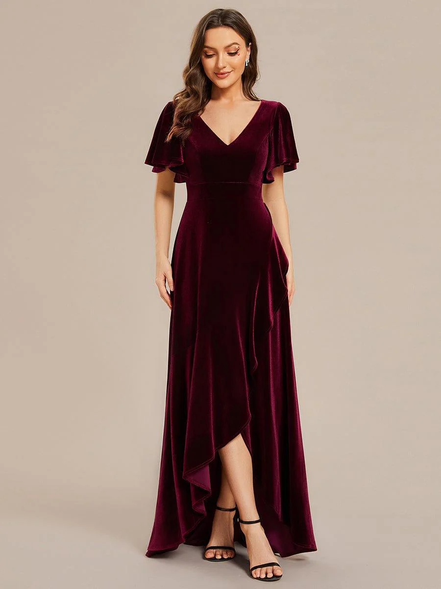 ever SYLVA|Elegant Double V-Neck Short Sleeves Velvet Wedding Guest Dress