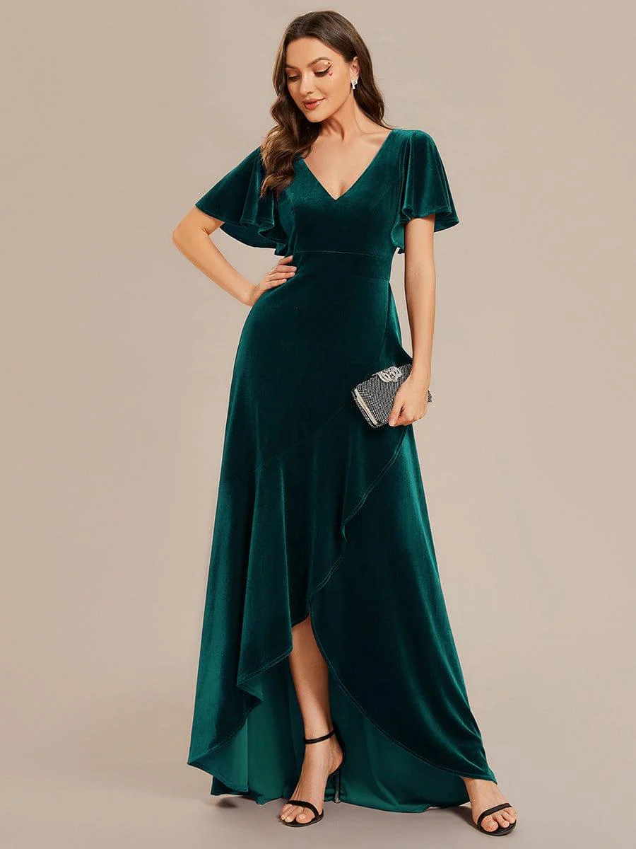 ever SYLVA|Elegant Double V-Neck Short Sleeves Velvet Wedding Guest Dress - Image 21