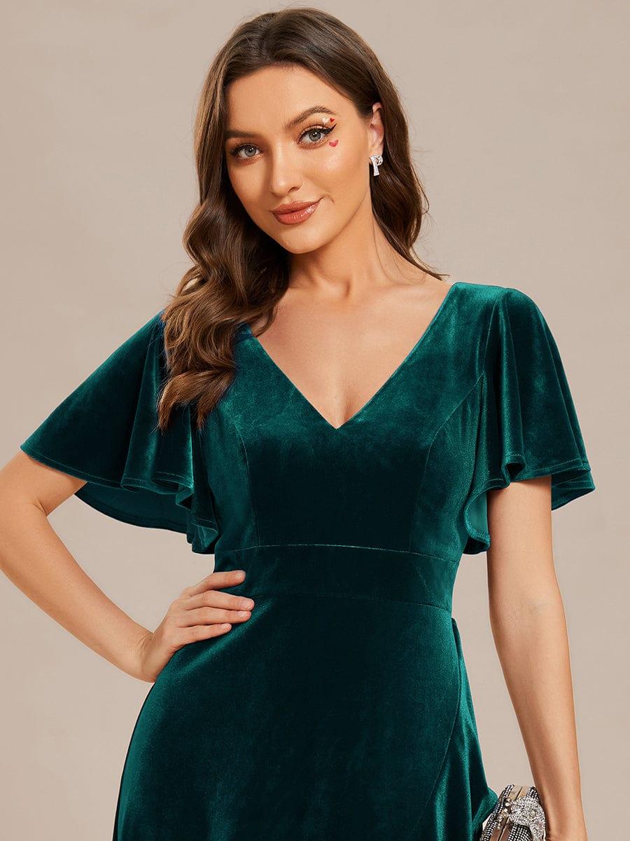 ever SYLVA|Elegant Double V-Neck Short Sleeves Velvet Wedding Guest Dress - Image 23