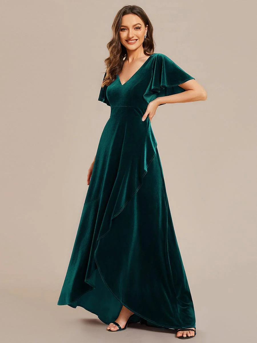 ever SYLVA|Elegant Double V-Neck Short Sleeves Velvet Wedding Guest Dress - Image 24