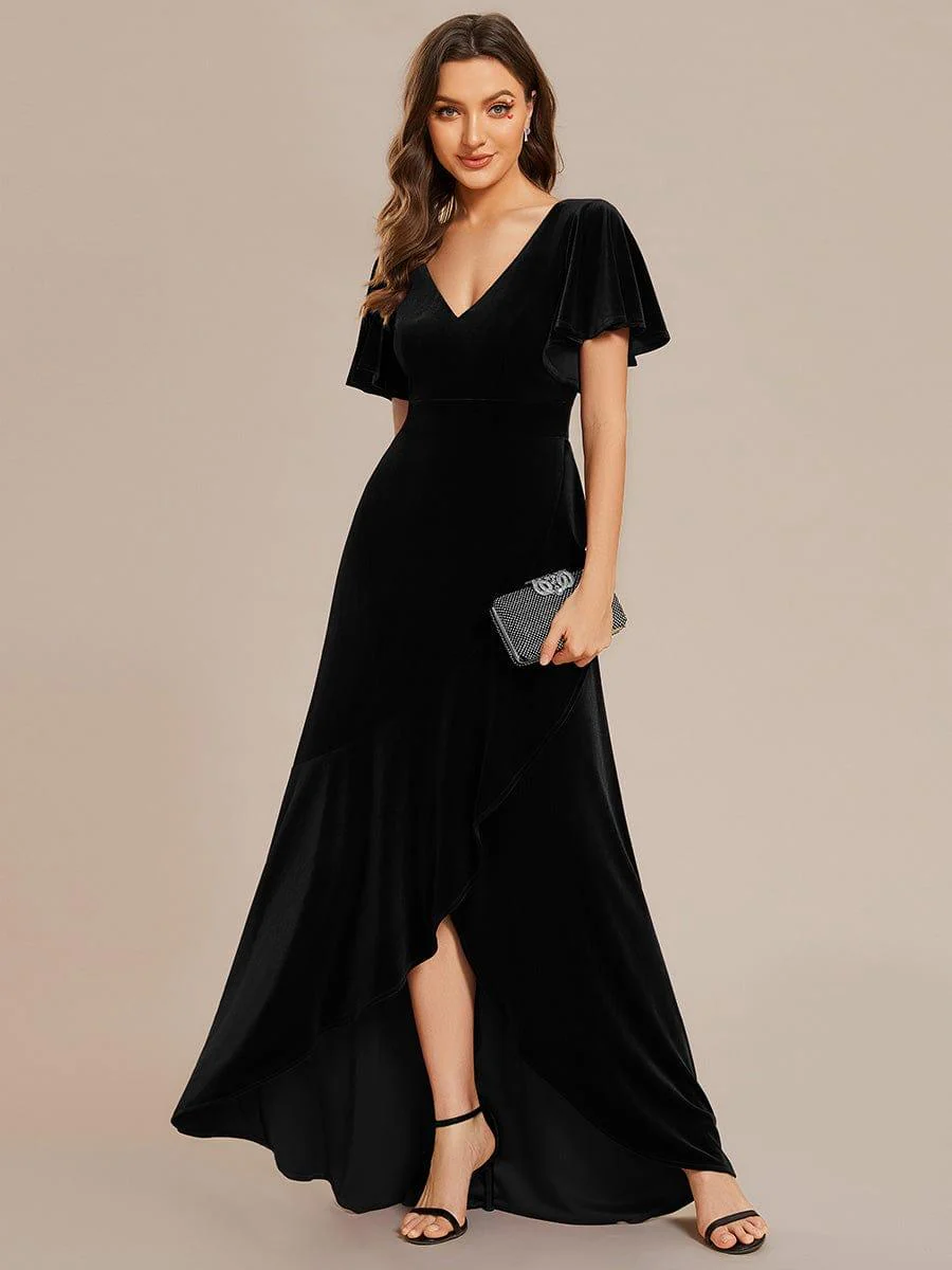 ever SYLVA|Elegant Double V-Neck Short Sleeves Velvet Wedding Guest Dress - Image 29