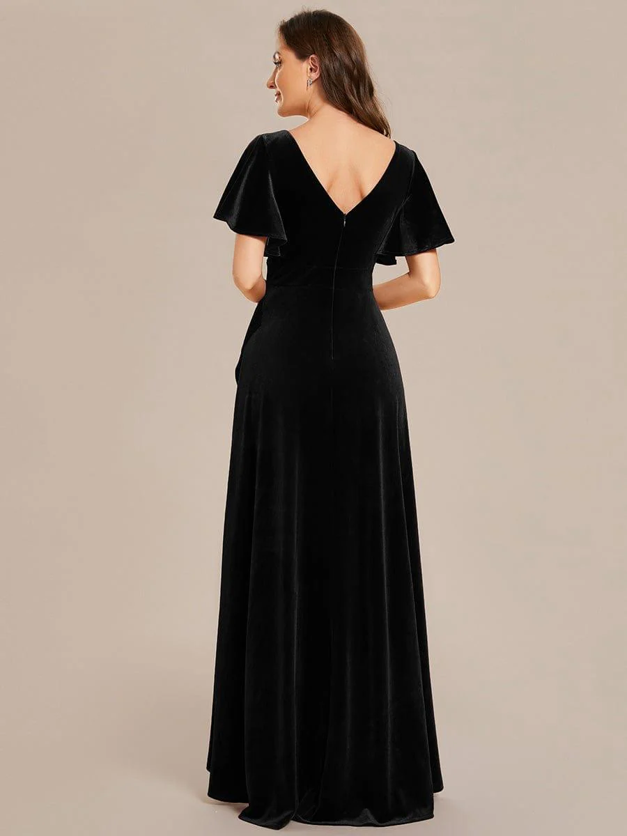 ever SYLVA|Elegant Double V-Neck Short Sleeves Velvet Wedding Guest Dress - Image 30