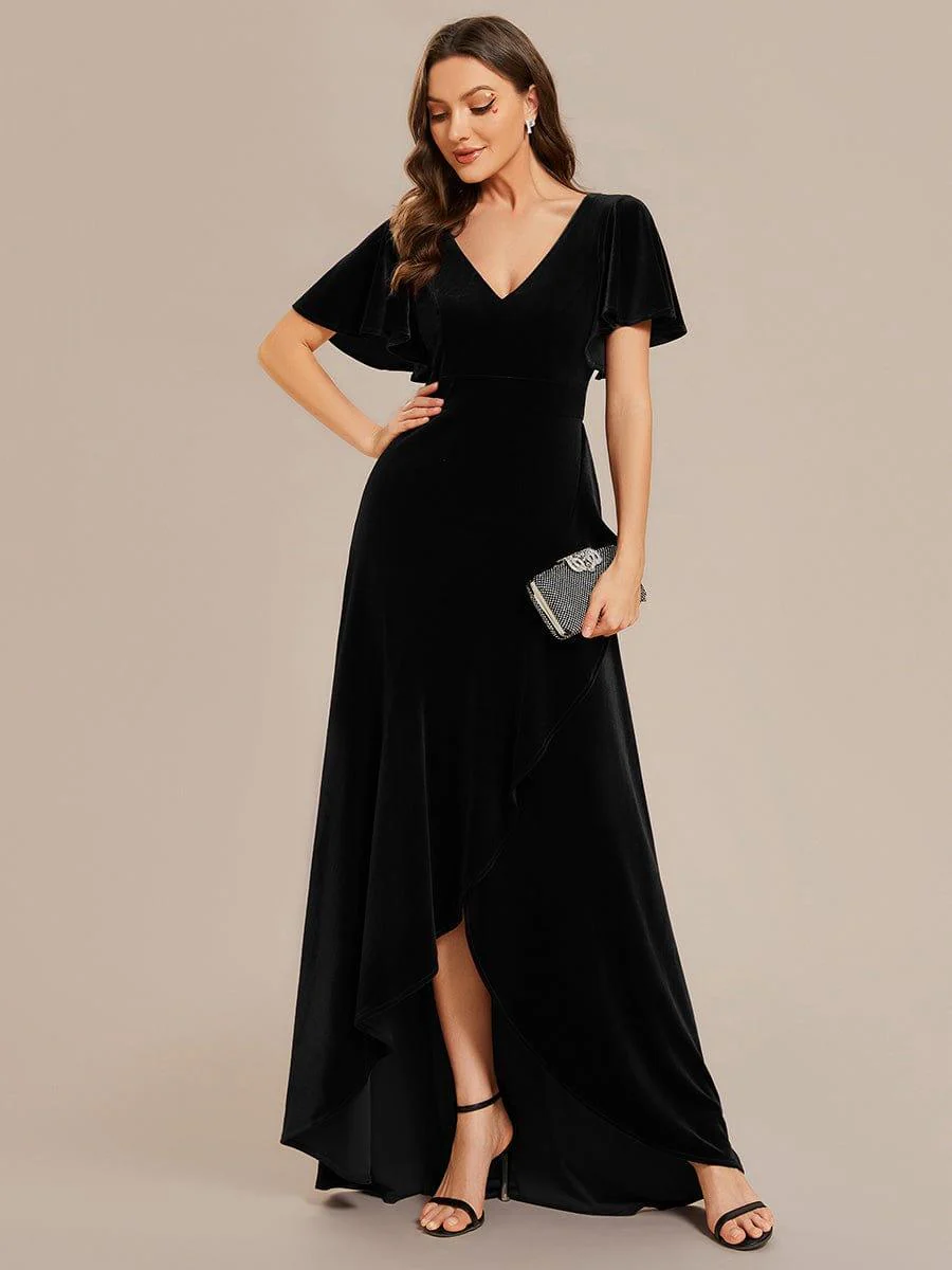 ever SYLVA|Elegant Double V-Neck Short Sleeves Velvet Wedding Guest Dress - Image 32