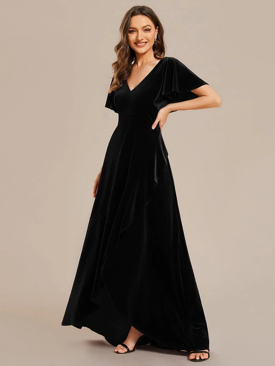 ever SYLVA|Elegant Double V-Neck Short Sleeves Velvet Wedding Guest Dress - Image 33