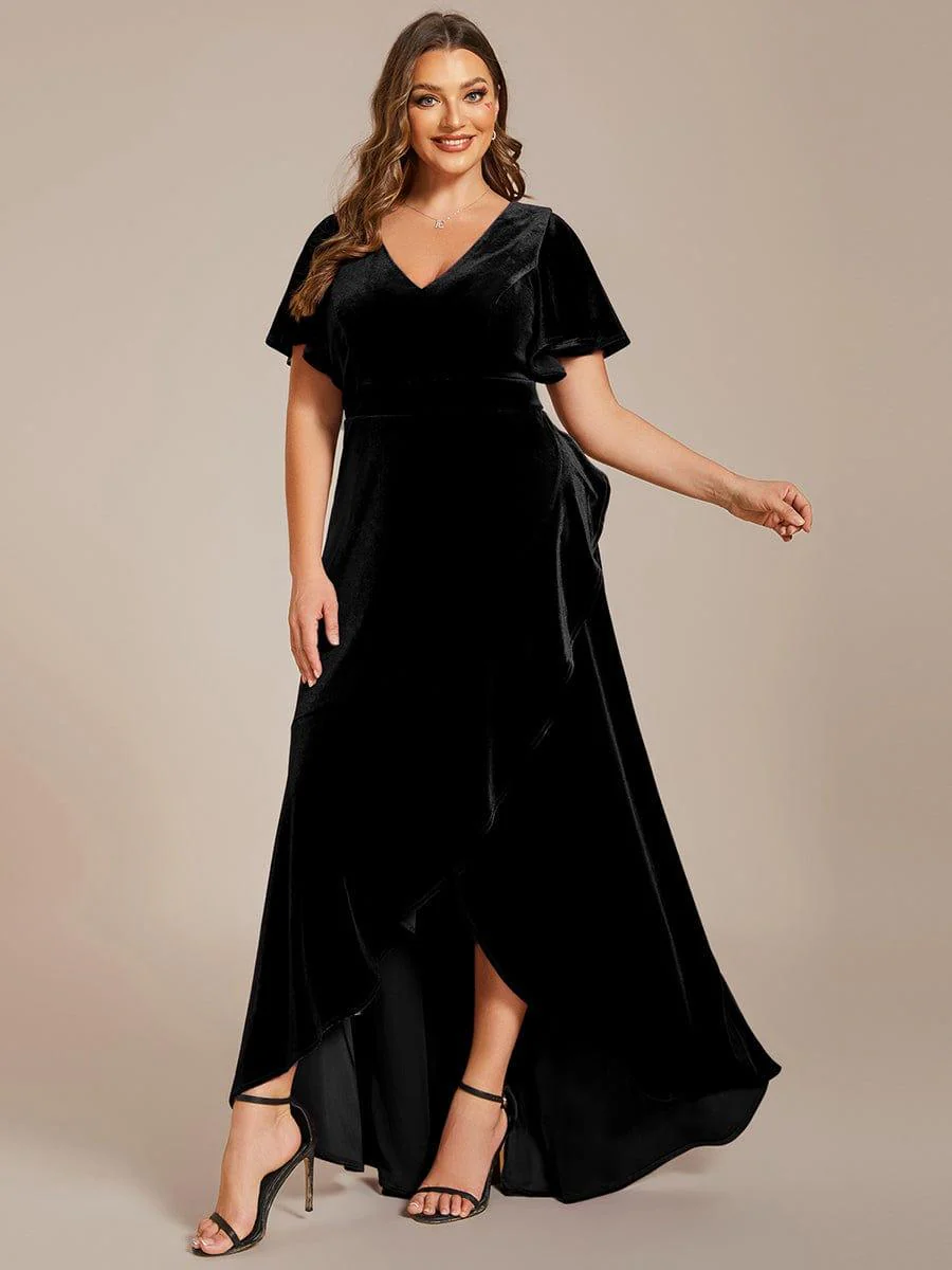ever SYLVA|Elegant Double V-Neck Short Sleeves Velvet Wedding Guest Dress - Image 37