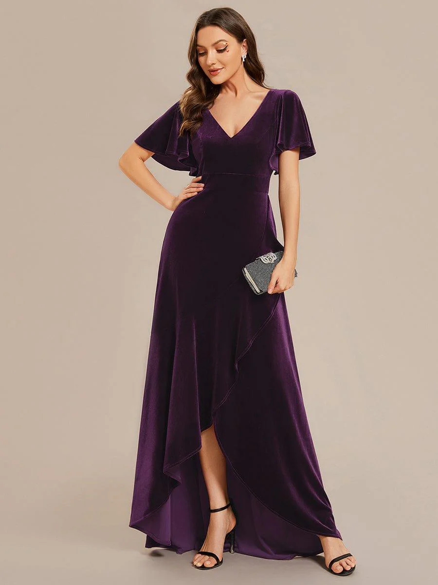 ever SYLVA|Elegant Double V-Neck Short Sleeves Velvet Wedding Guest Dress - Image 39