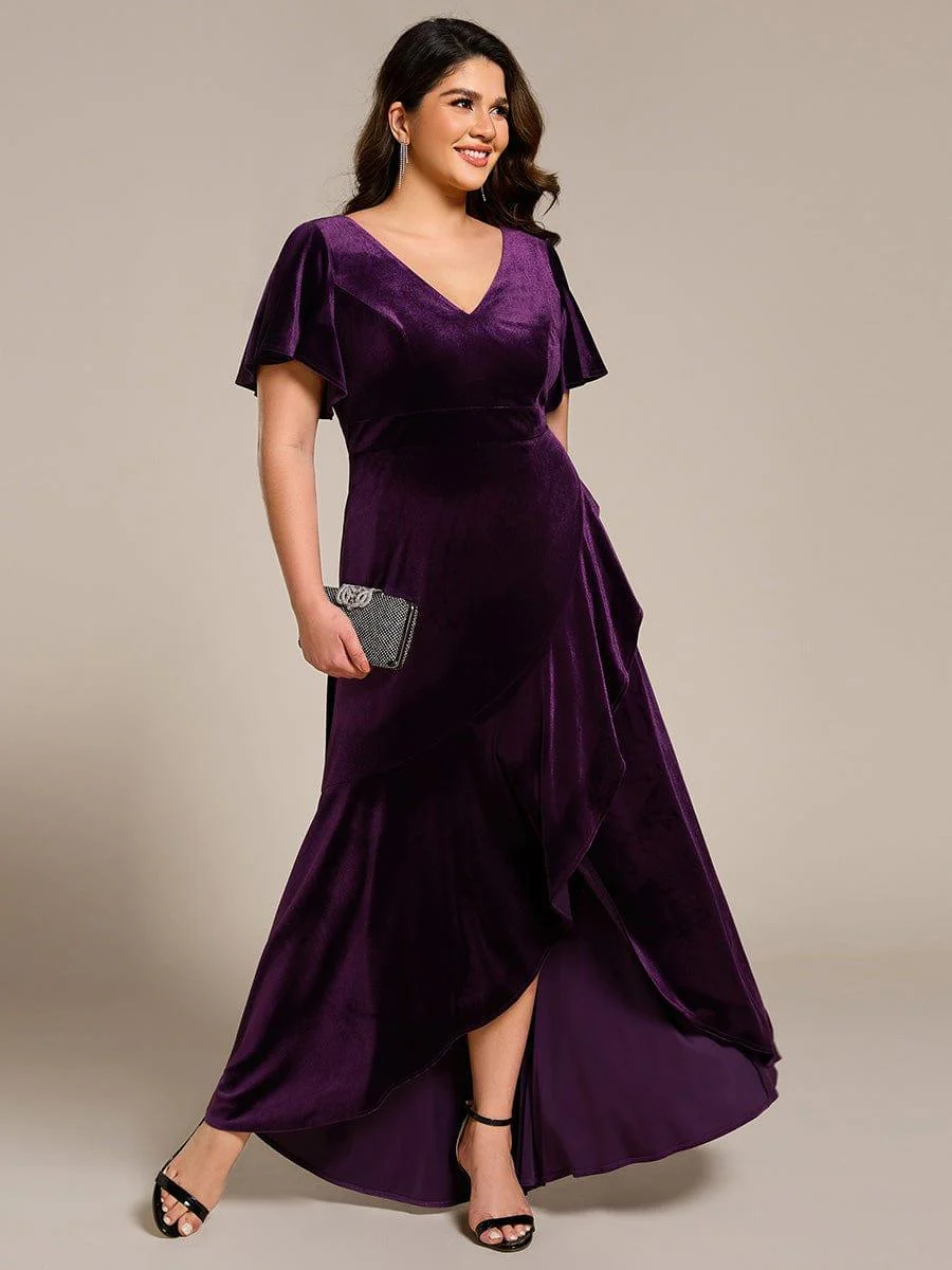 ever SYLVA|Elegant Double V-Neck Short Sleeves Velvet Wedding Guest Dress - Image 48