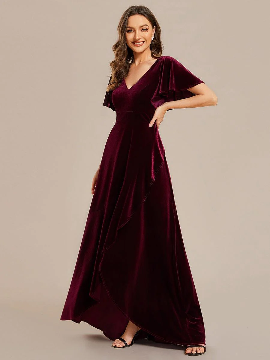 ever SYLVA|Elegant Double V-Neck Short Sleeves Velvet Wedding Guest Dress - Image 5
