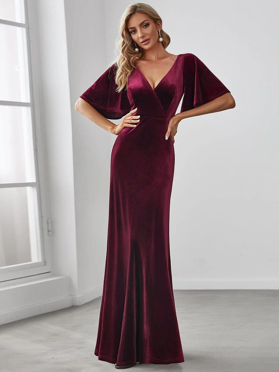 ever REINE|Elegant Double V Neck Velvet Bridesmaid Dress for Women - Image 10