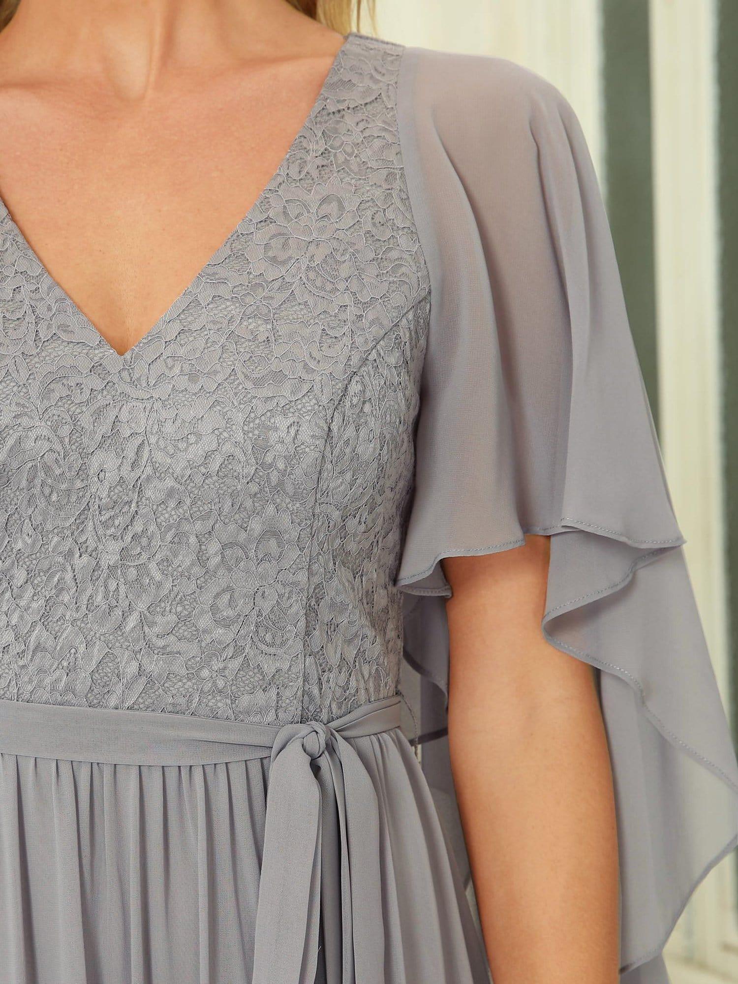 Elegant Maxi V Neck Chiffon Wedding Guest Dress with Sleeves - Image 13