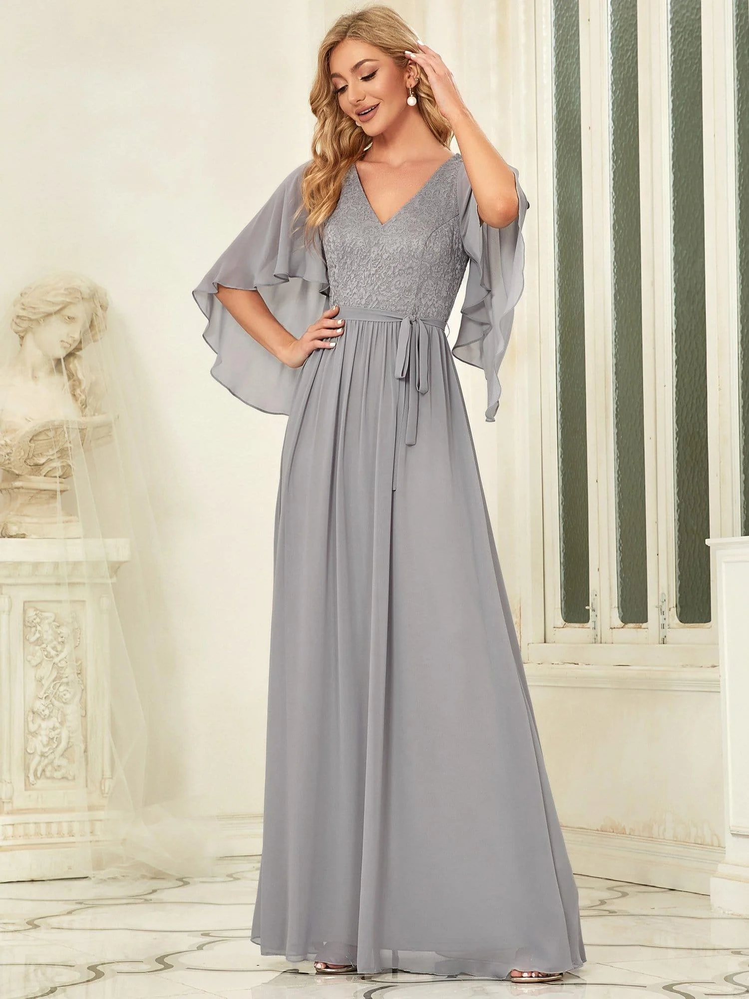 Elegant Maxi V Neck Chiffon Wedding Guest Dress with Sleeves - Image 15