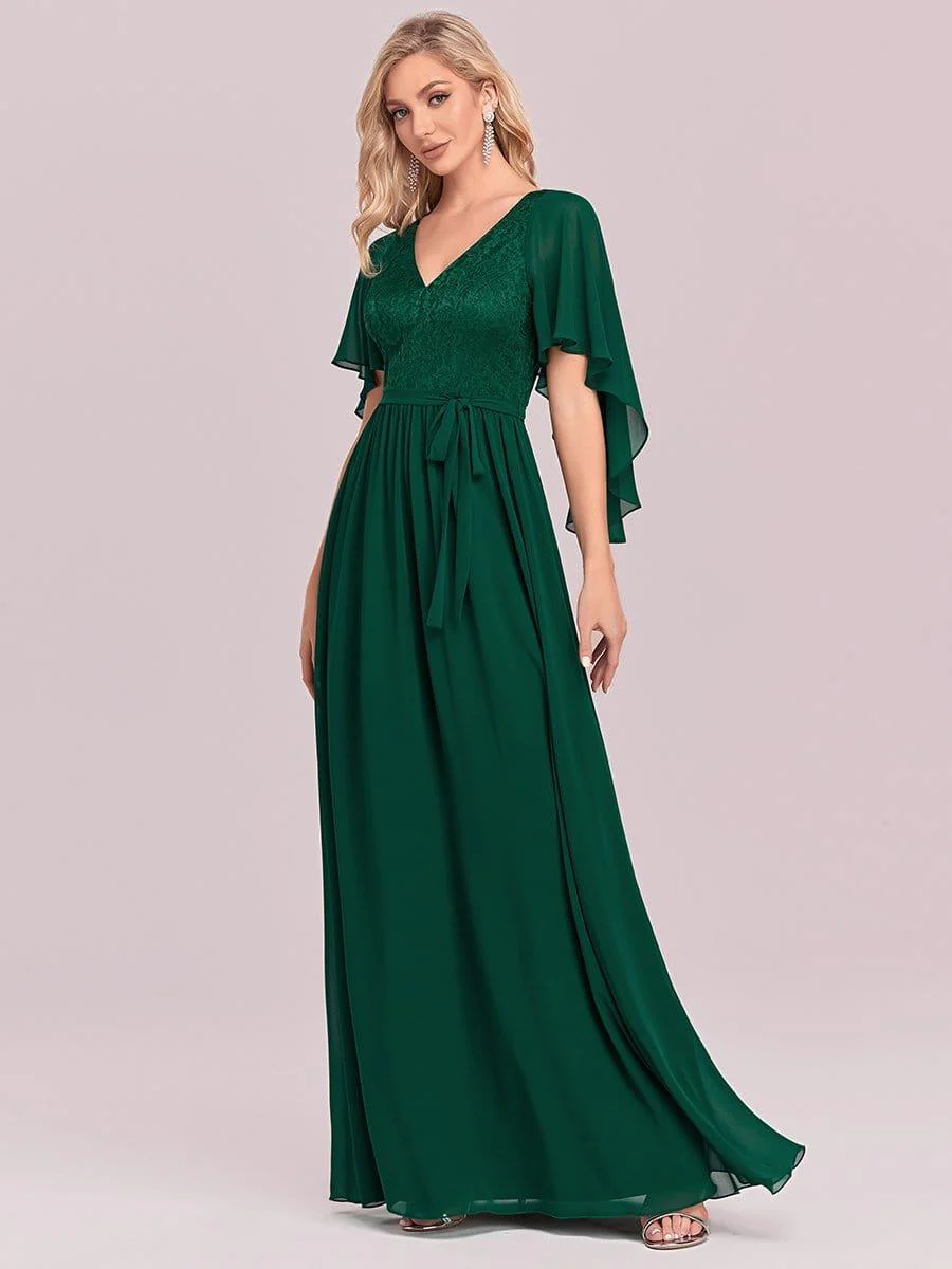 Elegant Maxi V Neck Chiffon Wedding Guest Dress with Sleeves - Image 29