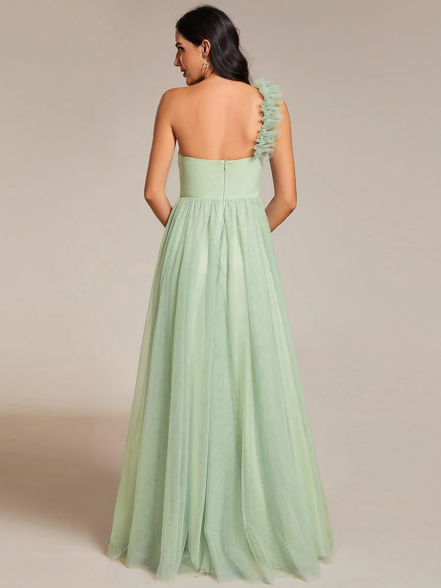 ever CLOE|Elegant One Shoulder Maxi Tulle High Slit Dress In Sage Green - Image 2