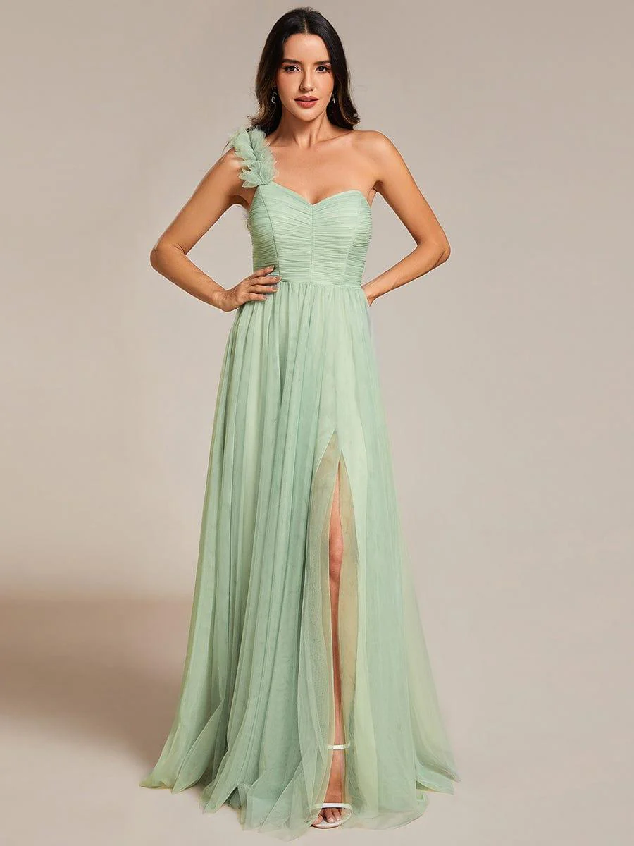 ever CLOE|Elegant One Shoulder Maxi Tulle High Slit Dress In Sage Green - Image 4