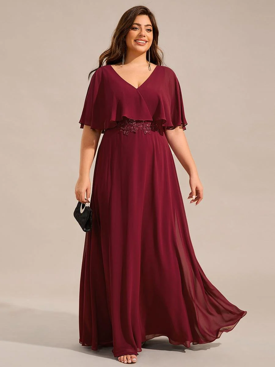 pretty MAXINE|Elegant Plus Size Bat-Wing Sleeves Chiffon Maxi Evening Dress