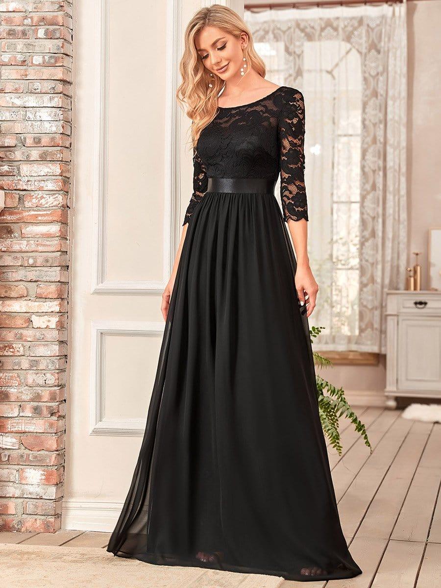 ever FAUN|Elegant Round Neck A Line See-Through Lace Dress in Black - Image 3