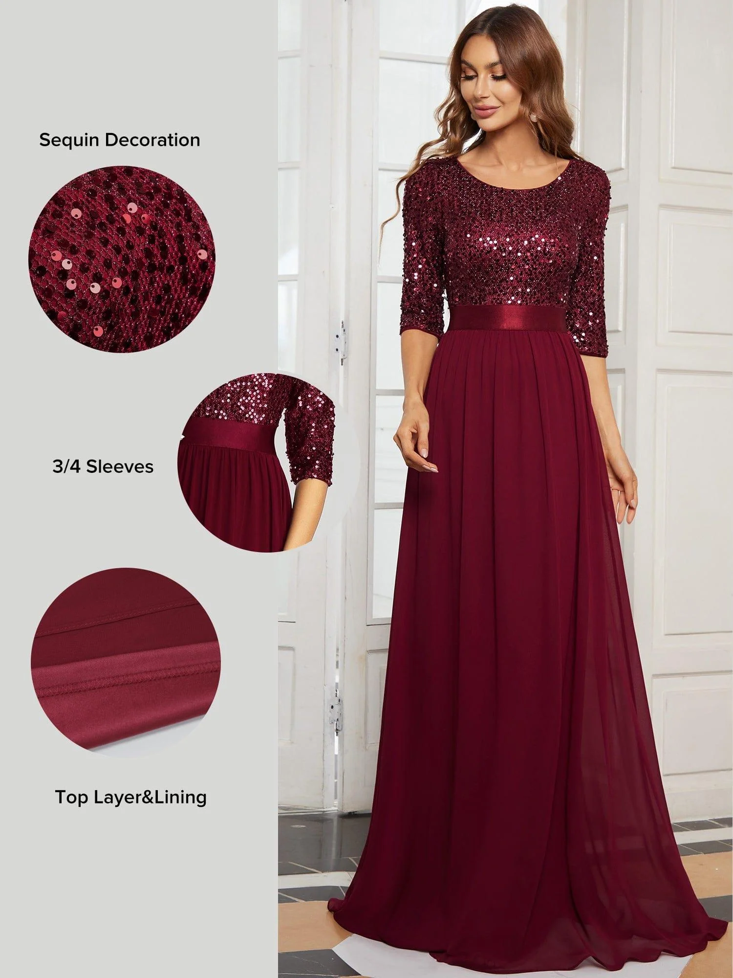 ever FLORENCE|Elegant Round Neckline 3/4 Sleeve Sequins Patchwork Evening Dress - Image 20