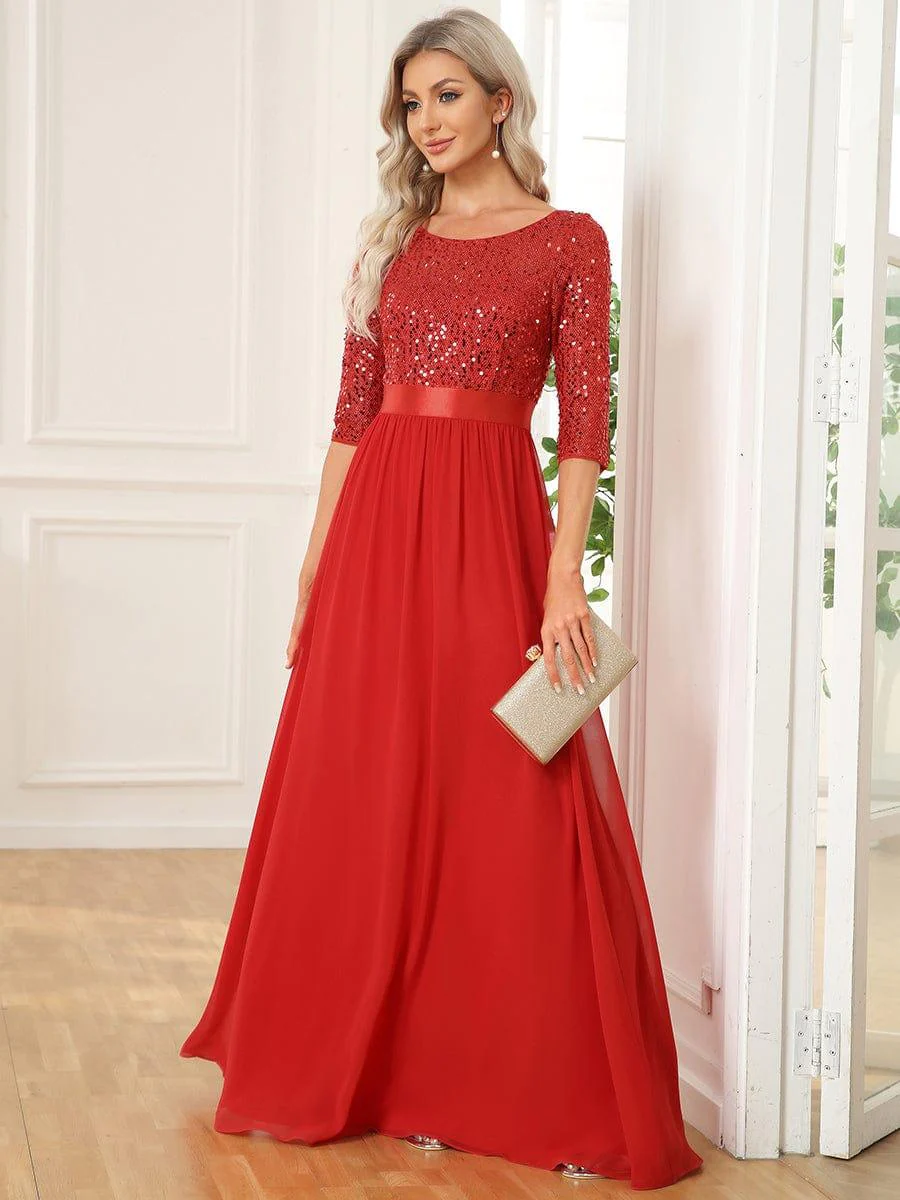 ever FLORENCE|Elegant Round Neckline 3/4 Sleeve Sequins Patchwork Evening Dress - Image 88