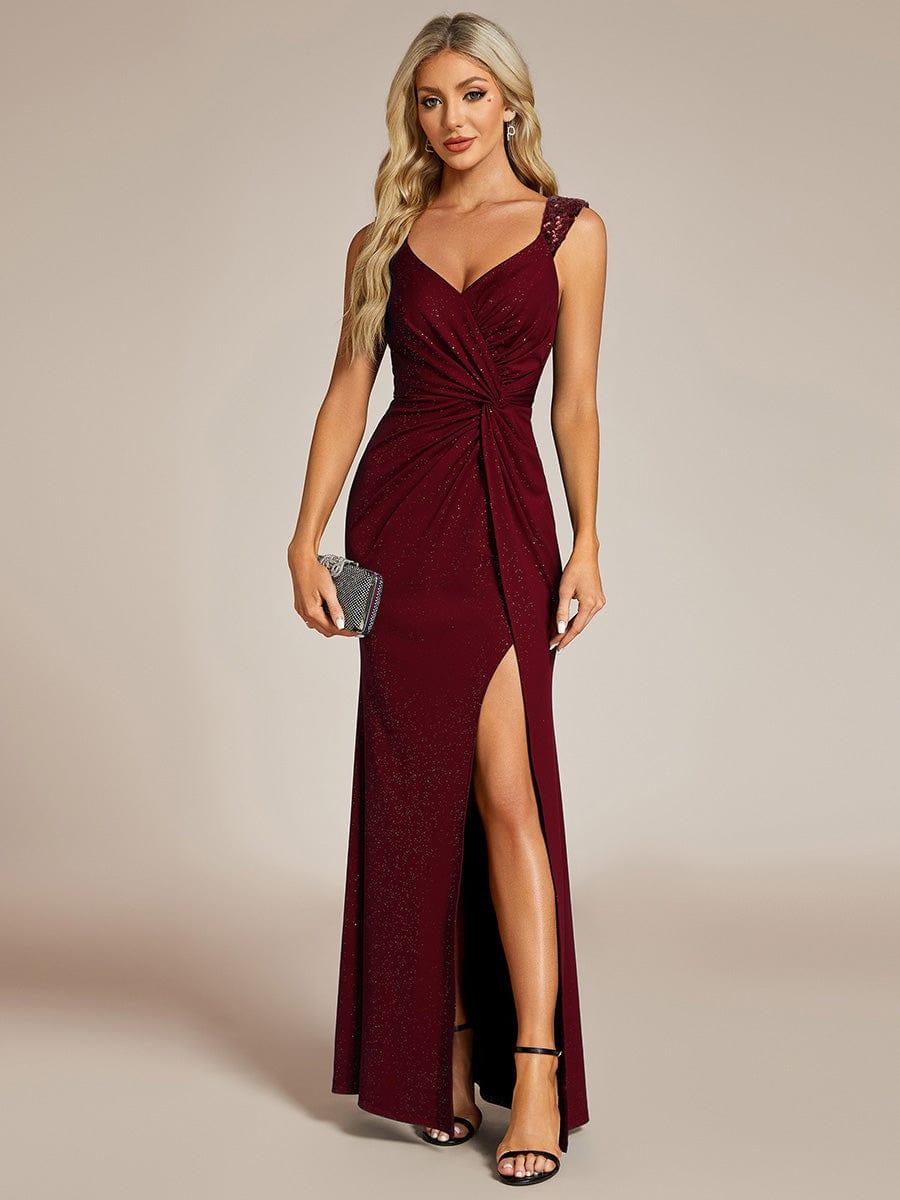 ever NOIRE|Elegant Sequin V Neck High Slit Wedding Guest Dress - Image 4
