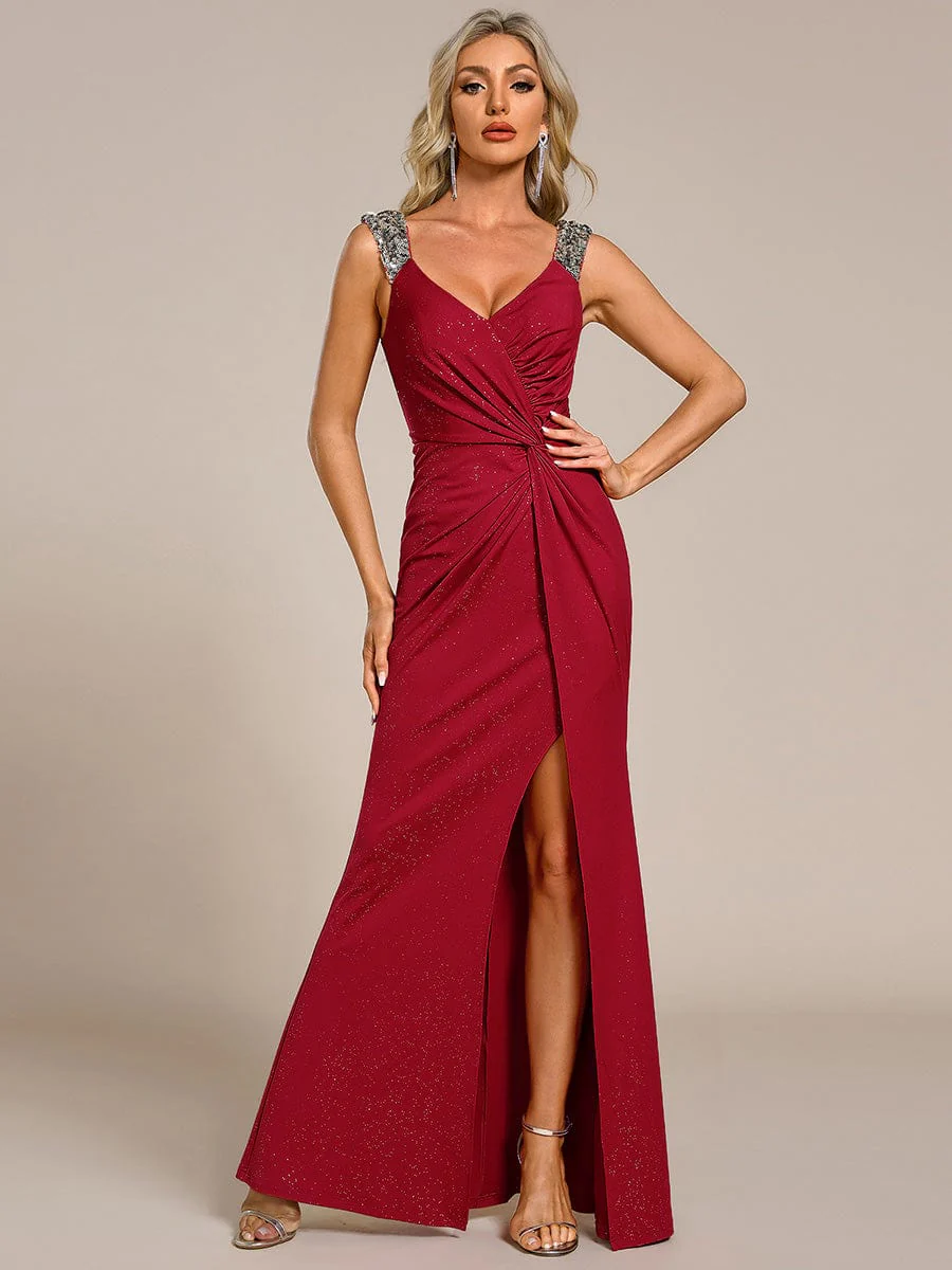 ever NOIRE|Elegant Sequin V Neck High Slit Wedding Guest Dress - Image 76