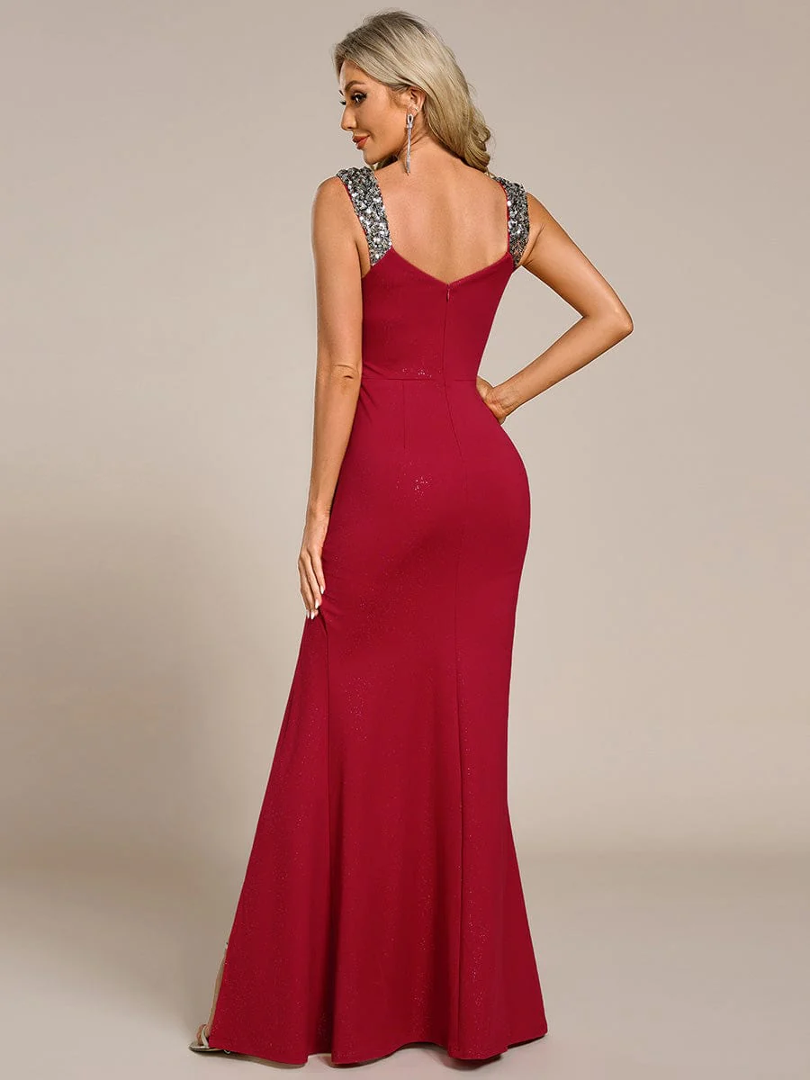 ever NOIRE|Elegant Sequin V Neck High Slit Wedding Guest Dress - Image 77