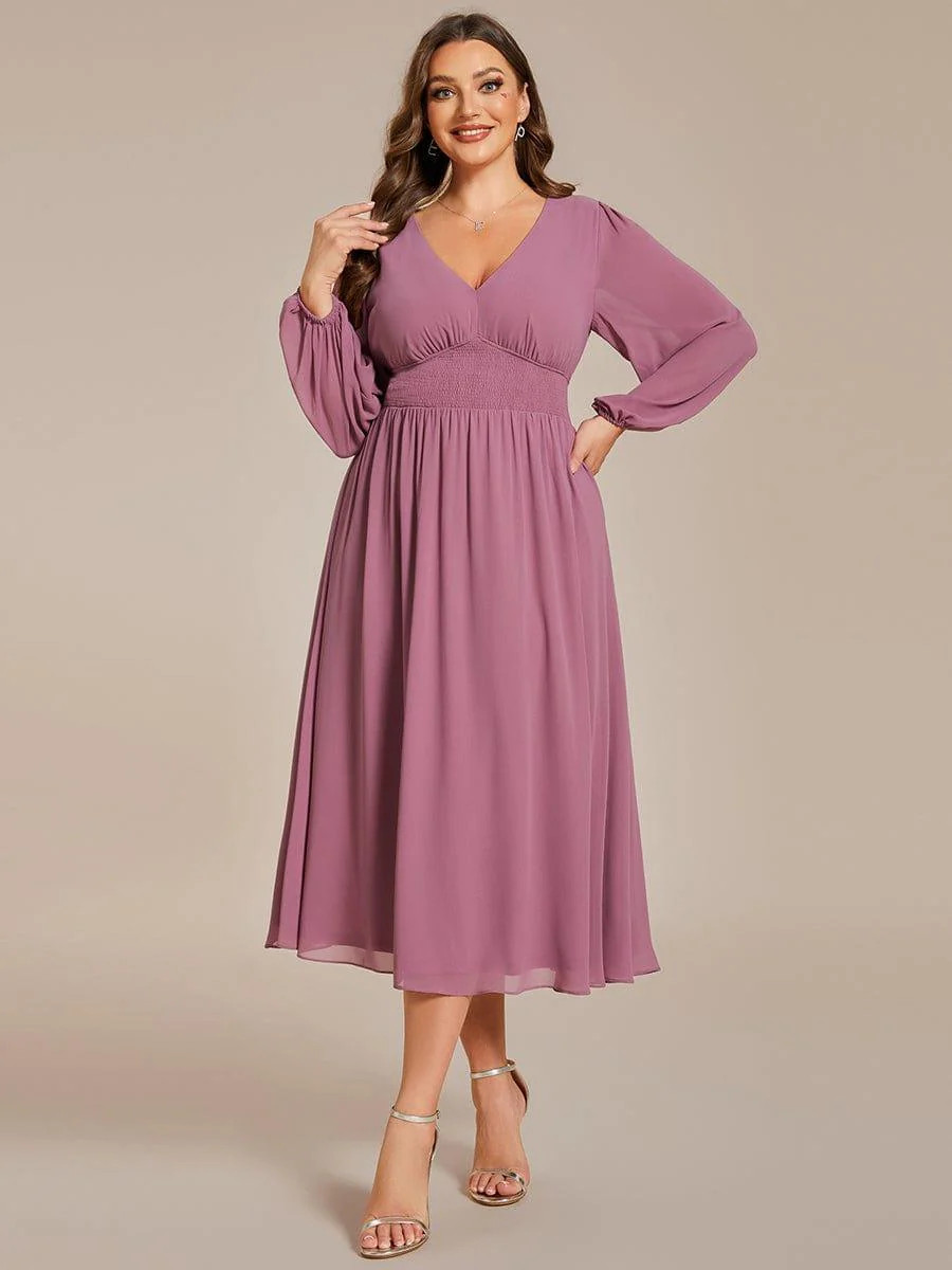 ever AMARA|Elegant V Neck Long Sleeves Midi Wedding Guest Dress - Image 47