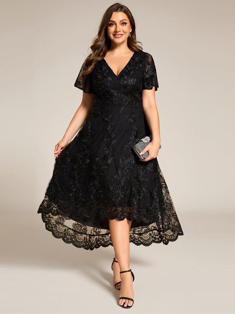 ever TIDAL|Embroidered Mesh High-Low Midi Evening Dress with Short Sleeves - Image 17